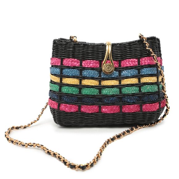 Benchmade Wicker Handbag Purse Woven Straw Chain Strap Black Rainbow Gold Clasp - Picture 1 of 9